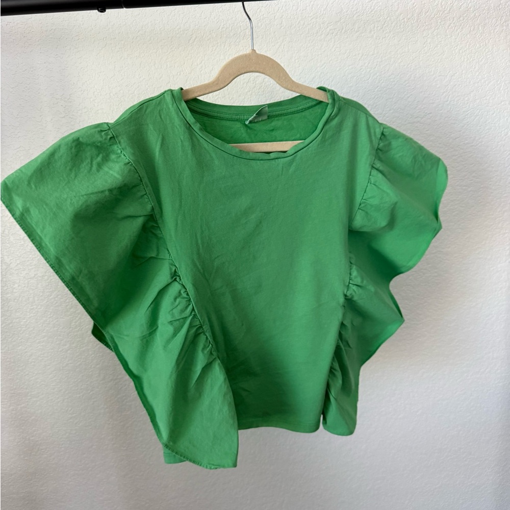 Zara Green Flutter Sleeve Blouse, Size 10